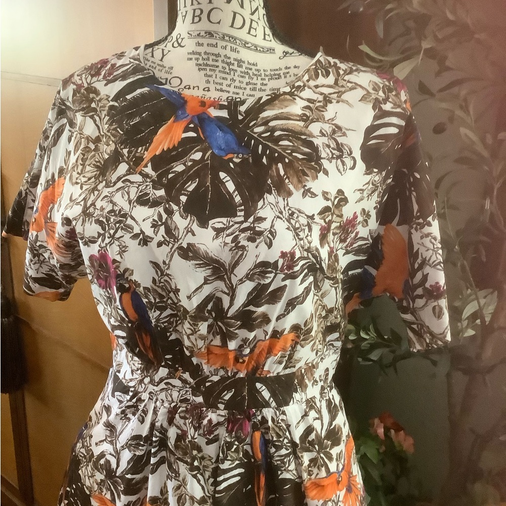 MaxMara White Midi Dress with Orange & Blue Parrot Print